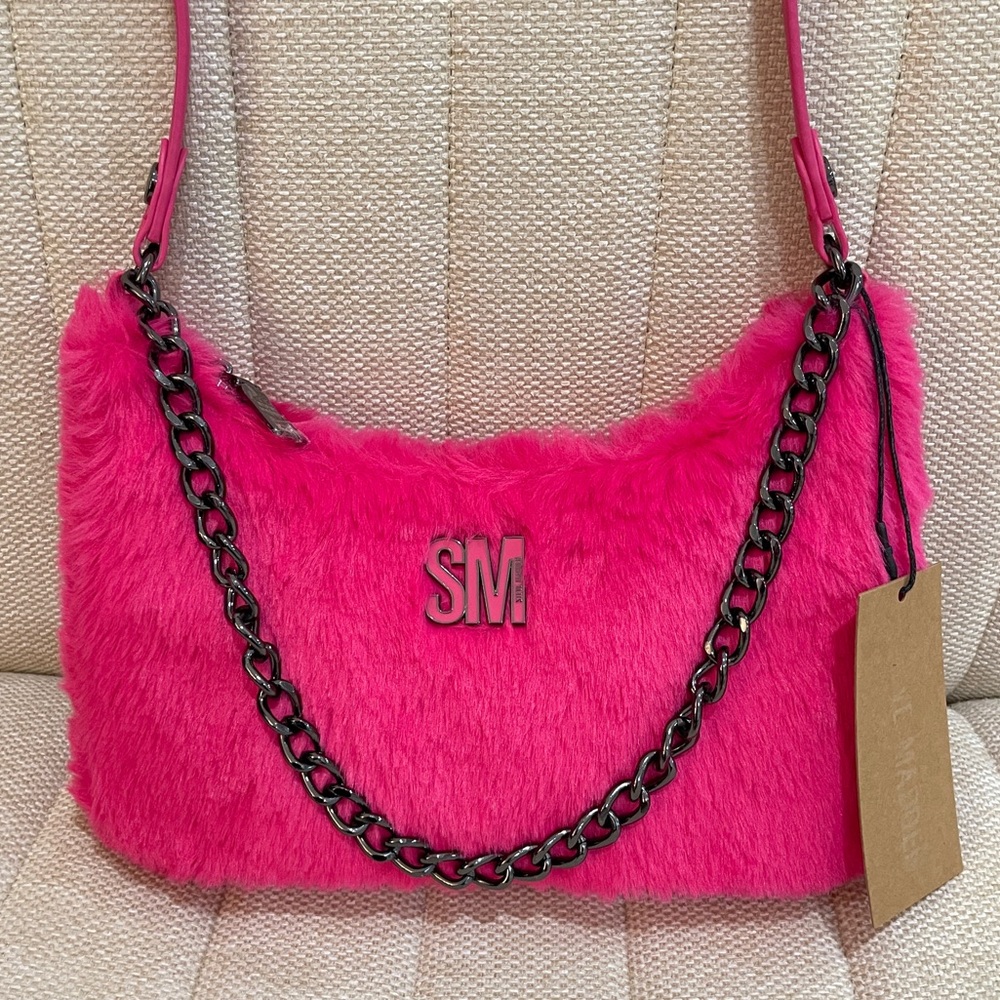 NEW Steve Madden Hot Pink Faux Fur‎ Shoulder Bag SM Logo Gunmetal Chain NWT